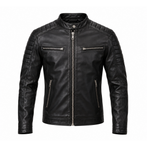 Men's Black Genuine Leather Cafe Racer Jacket – Slim Fit Biker Coat with Zippere