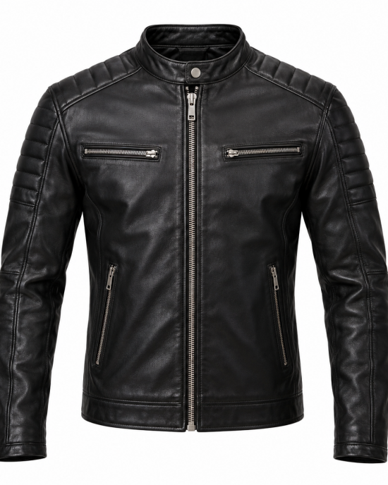 Men's Black Genuine Leather Cafe Racer Jacket – Slim Fit Biker Coat with Zippere