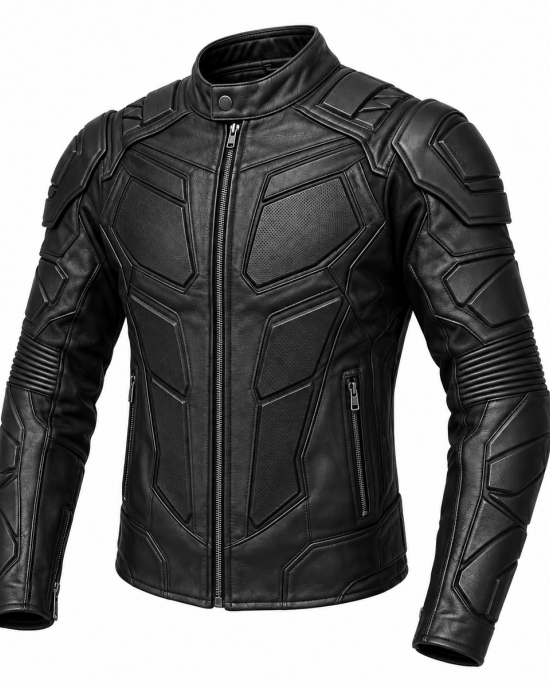 Men's Black Leather Tactical Biker Jacket Futuristic Armor Style Slim Fit Moto