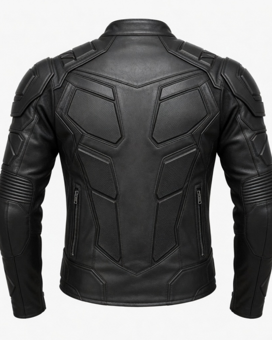 Men's Black Leather Tactical Biker Jacket Futuristic Armor Style Slim Fit Moto
