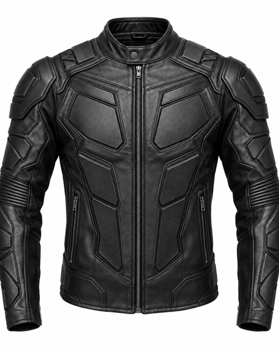 Men's Black Leather Tactical Biker Jacket Futuristic Armor Style Slim Fit Moto