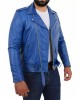 Men's Blue Lambskin Leather Biker Jacket Slim Fit Belted Motorcycle Coat