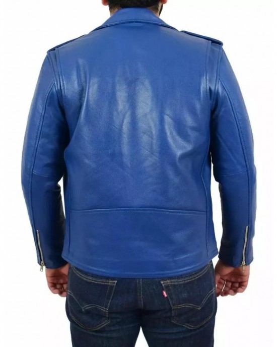 Men's Blue Lambskin Leather Biker Jacket Slim Fit Belted Motorcycle Coat
