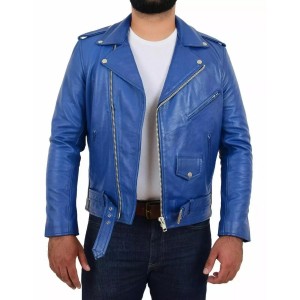 Men's Blue Lambskin Leather Biker Jacket Slim Fit Belted Motorcycle Coat