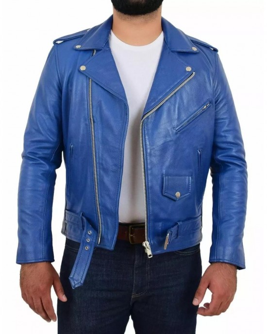 Men's Blue Lambskin Leather Biker Jacket Slim Fit Belted Motorcycle Coat