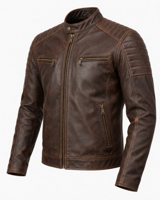Men's Motorcycle Biker Leather Jacket Distressed Cafe Racer Genuine Lambskin Men