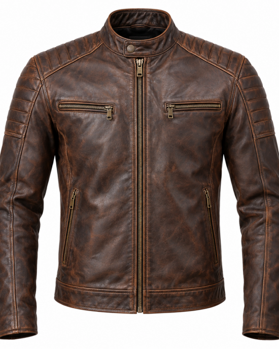 Men's Motorcycle Biker Leather Jacket Distressed Cafe Racer Genuine Lambskin Men