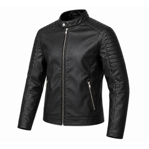 Men Motorcycle Faux Leather Jacket - Black Economy Zip Up Moto Biker Jacket