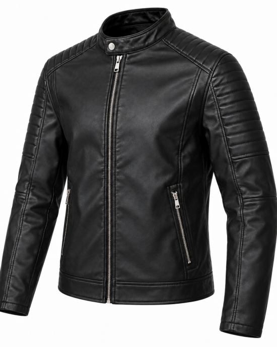 Men Motorcycle Faux Leather Jacket - Black Economy Zip Up Moto Biker Jacket