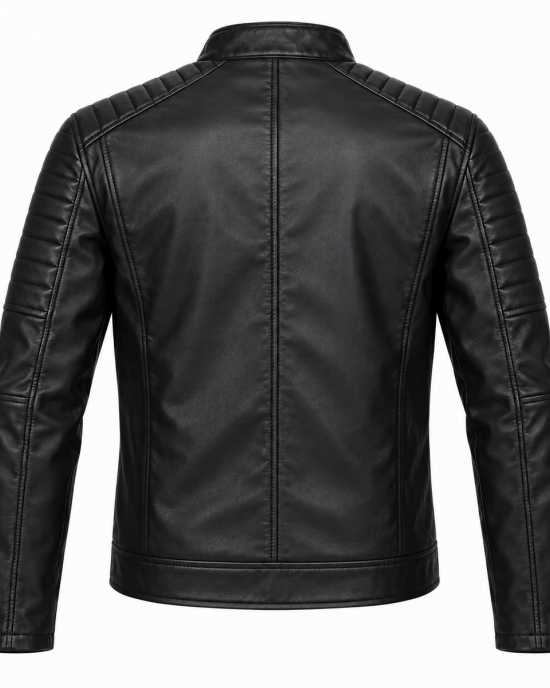 Men Motorcycle Faux Leather Jacket - Black Economy Zip Up Moto Biker Jacket