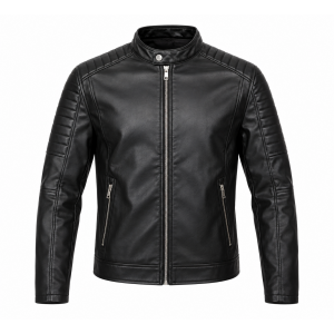 Men Motorcycle Faux Leather Jacket - Black Economy Zip Up Moto Biker Jacket