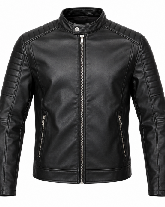 Men Motorcycle Faux Leather Jacket - Black Economy Zip Up Moto Biker Jacket