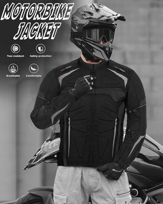 Men's Modular Textile Jacket Waterproof Ce Approved Motorcycle Motorbike Coat - Black