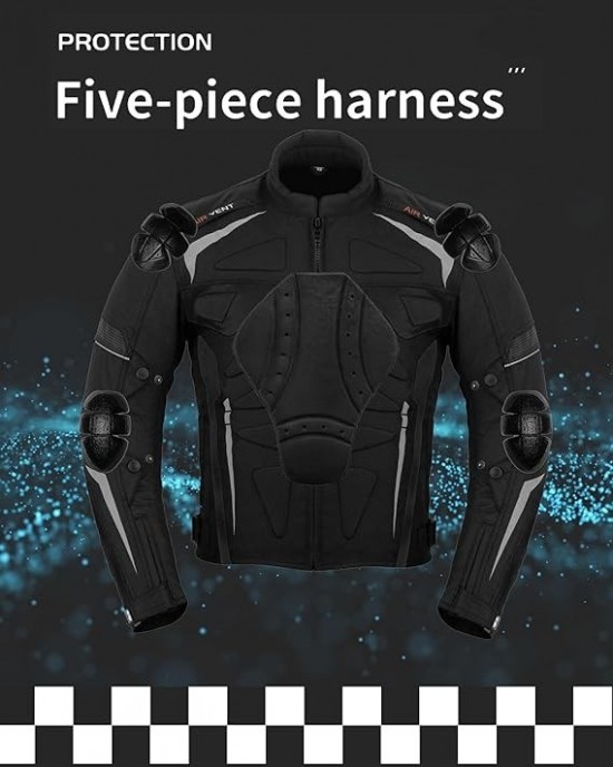 Men's Modular Textile Jacket Waterproof Ce Approved Motorcycle Motorbike Coat - Black
