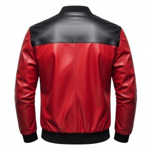 Men's Black Red Leather Bomber Jacket Quilted Shoulder Zip Up Casual Biker Coat