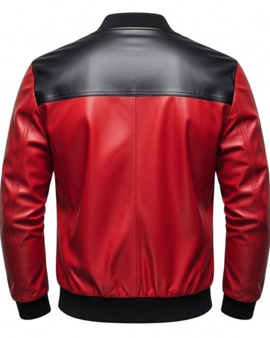 Men's Black Red Leather Bomber Jacket Quilted Shoulder Zip Up Casual Biker Coat