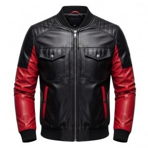 Men's Black Red Leather Bomber Jacket Quilted Shoulder Zip Up Casual Biker Coat
