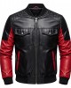 Men's Black Red Leather Bomber Jacket Quilted Shoulder Zip Up Casual Biker Coat
