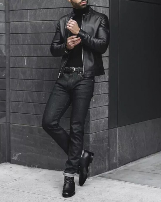 Men Slim Fit Biker Motorcycle Lambskin Leather Black Jacket Coat Outwear Jackets