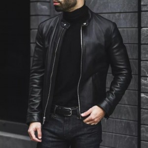 Men Slim Fit Biker Motorcycle Lambskin Leather Black Jacket Coat Outwear Jackets