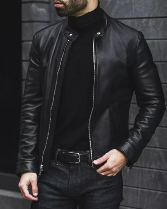 Men Slim Fit Biker Motorcycle Lambskin Leather Black Jacket Coat Outwear Jackets