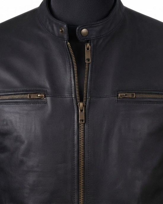 Men's Black Real Leather Jacket Slim Fit Biker Cafe Racer Motorcycle Zip Coat