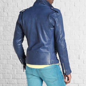 Men Blue Leather Jacket Collared Coat Motorcycle Biker Slim Fit Outwear Jackets