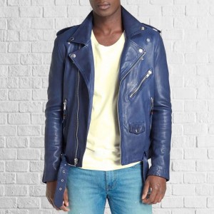 Men Blue Leather Jacket Collared Coat Motorcycle Biker Slim Fit Outwear Jackets