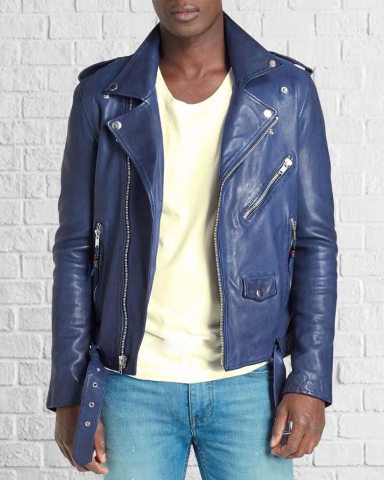 Men Blue Leather Jacket Collared Coat Motorcycle Biker Slim Fit Outwear Jackets