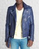 Men Blue Leather Jacket Collared Coat Motorcycle Biker Slim Fit Outwear Jackets