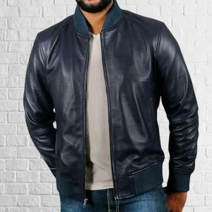 Men Slim Fit Blue Biker Motorcycle Lambskin Leather Jacket Coat Outwear Jackets