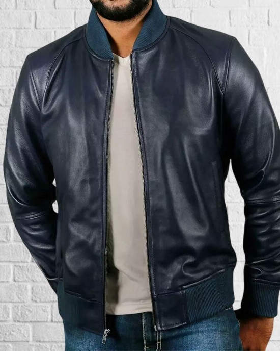 Men Slim Fit Blue Biker Motorcycle Lambskin Leather Jacket Coat Outwear Jackets