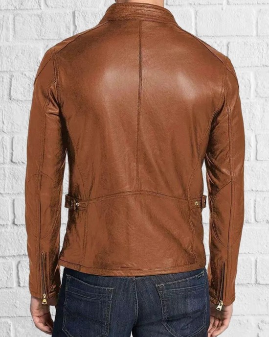 Men's Genuine Tan Lambskin Leather Jacket Slim Fit Biker Motorcycle Jacket