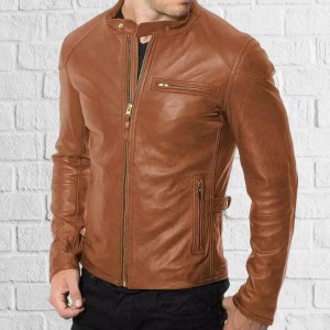 Men's Genuine Tan Lambskin Leather Jacket Slim Fit Biker Motorcycle Jacket