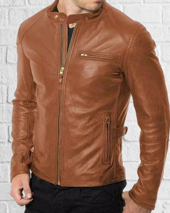 Men's Genuine Tan Lambskin Leather Jacket Slim Fit Biker Motorcycle Jacket