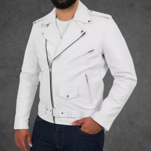 Men White Collared Leather Jacket Coat Motorcycle Biker Slim Fit Outwear Jackets