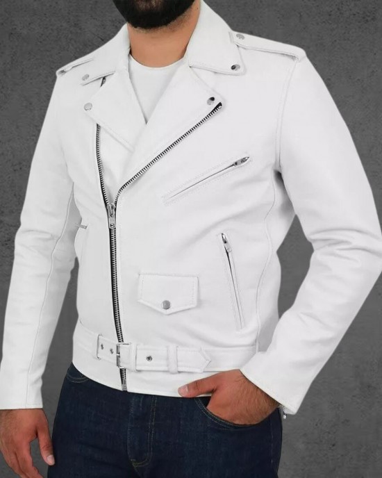 Men White Collared Leather Jacket Coat Motorcycle Biker Slim Fit Outwear Jackets