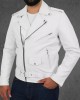 Men White Collared Leather Jacket Coat Motorcycle Biker Slim Fit Outwear Jackets