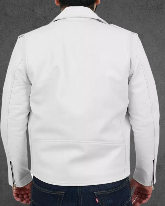 Men White Collared Leather Jacket Coat Motorcycle Biker Slim Fit Outwear Jackets