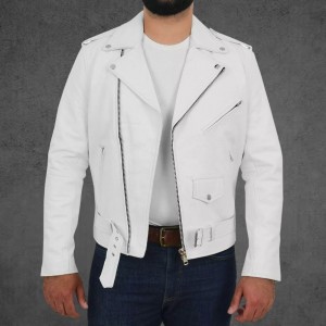 Men White Collared Leather Jacket Coat Motorcycle Biker Slim Fit Outwear Jackets