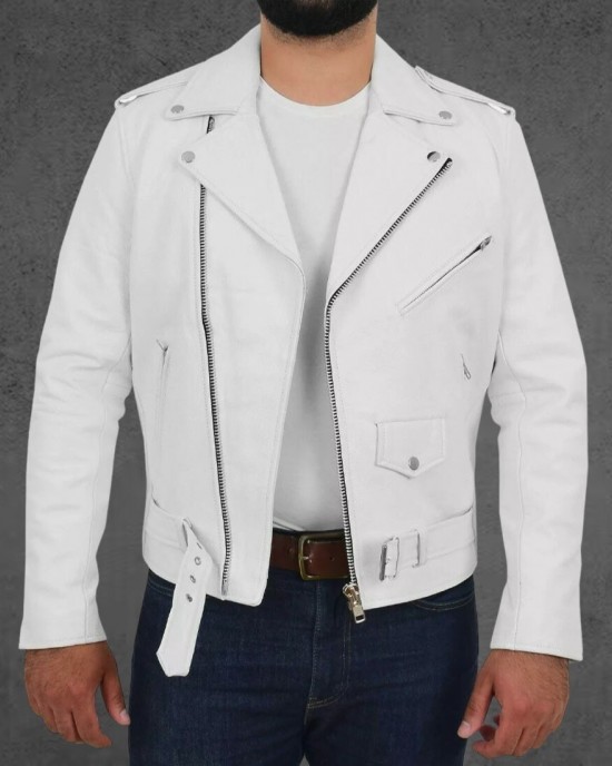 Men White Collared Leather Jacket Coat Motorcycle Biker Slim Fit Outwear Jackets