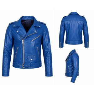 Men's Royal Blue Genuine Leather Biker Jacket Handmade Motorcycle Slim Fit Coat
