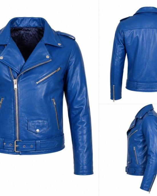 Men's Royal Blue Genuine Leather Biker Jacket Handmade Motorcycle Slim Fit Coat