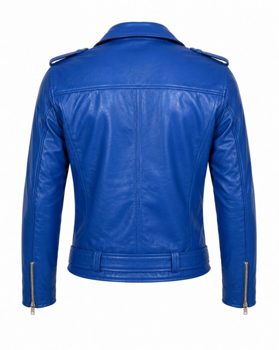 Men's Royal Blue Genuine Leather Biker Jacket Handmade Motorcycle Slim Fit Coat