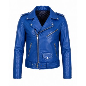 Men's Royal Blue Genuine Leather Biker Jacket Handmade Motorcycle Slim Fit Coat