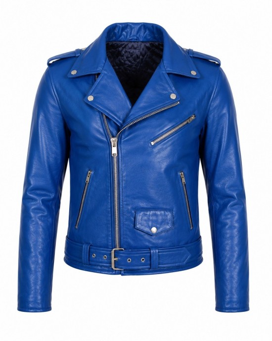 Men's Royal Blue Genuine Leather Biker Jacket Handmade Motorcycle Slim Fit Coat