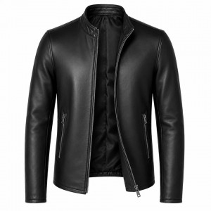 Mens Black Real Lambskin Leather Jacket Slim Fit Cafe Racer Biker Stand Collar