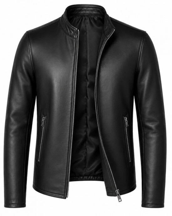Mens Black Real Lambskin Leather Jacket Slim Fit Cafe Racer Biker Stand Collar