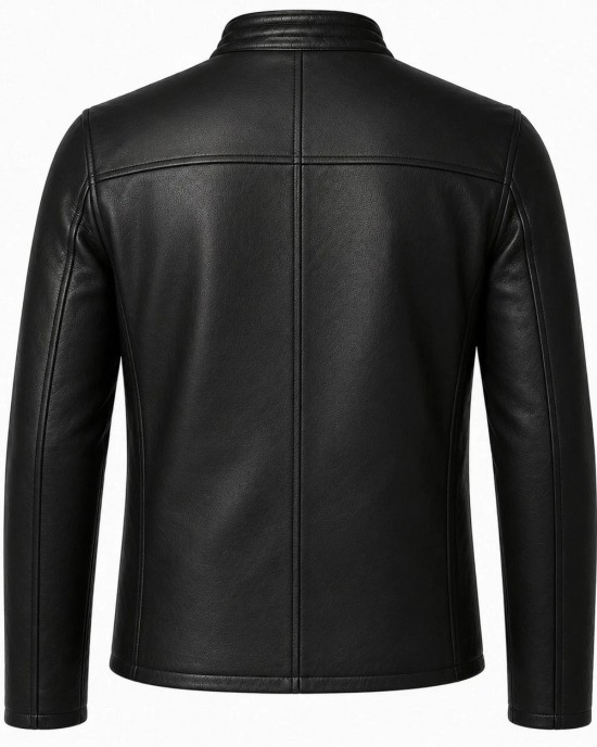 Mens Black Real Lambskin Leather Jacket Slim Fit Cafe Racer Biker Stand Collar