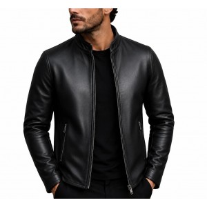 Mens Black Real Lambskin Leather Jacket Slim Fit Cafe Racer Biker Stand Collar